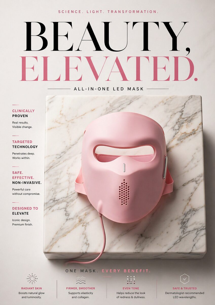 Beauty elevated β Red Light Rejuve mask on marble plinth